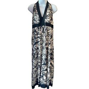 Women’s M Black & Beige Floral Halter Maxi Dress Tie Neckline Stretch Fabric